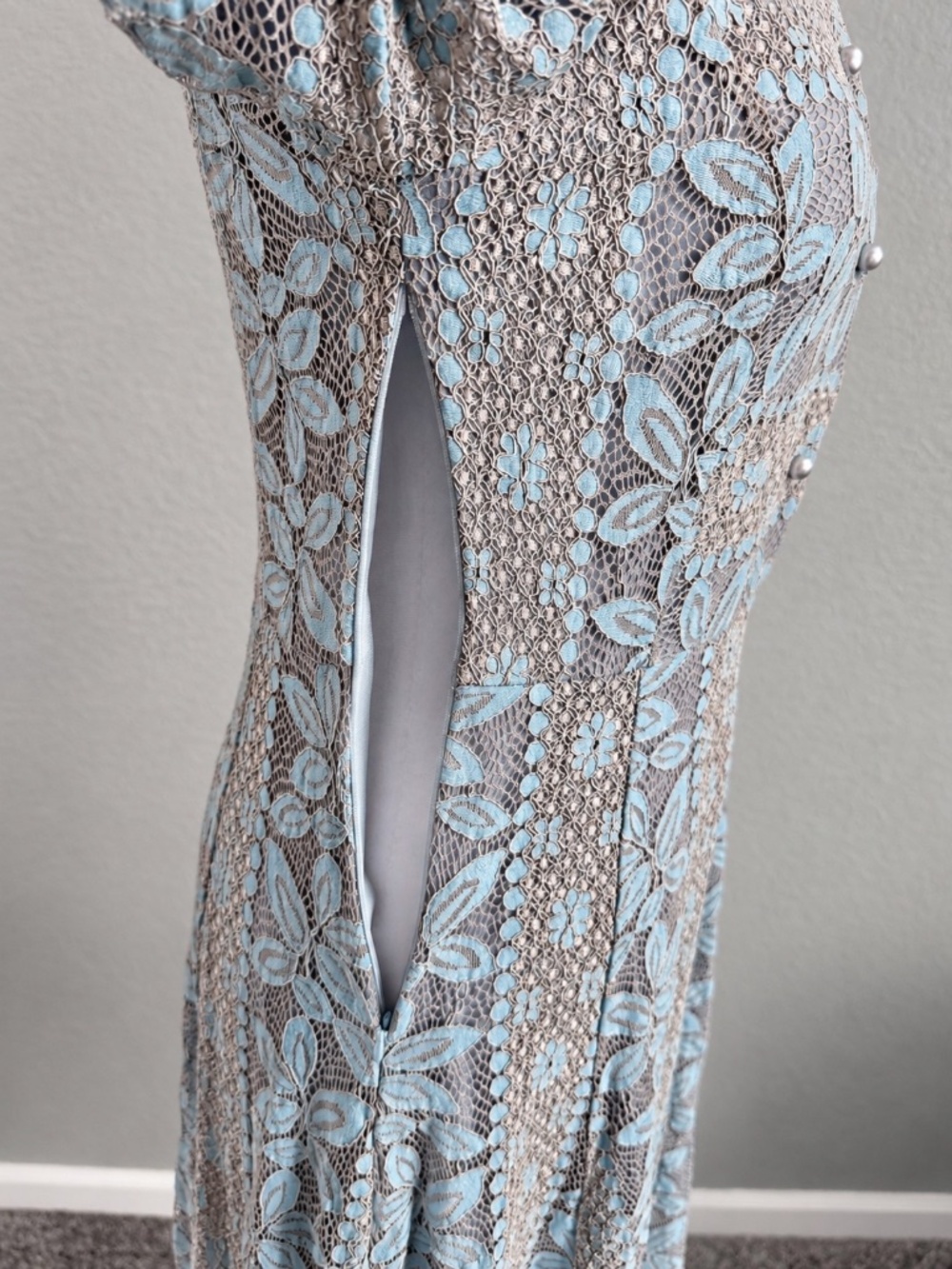 AIZHE Blue Gray Floral Lace Romantic Midi Dress Pearl Button Long Sleeve Medium - Picture 9 of 12